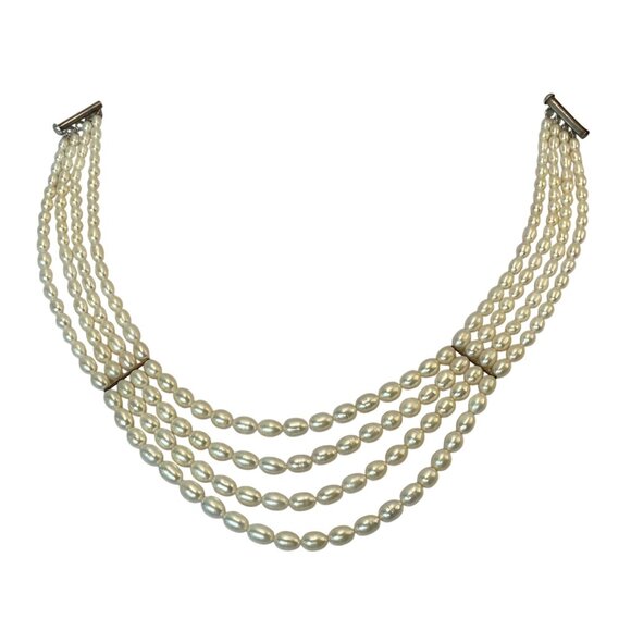 Vintage 4 Strand Pearl Necklace Layered Collar Bib Choker Sterling Silver Clasp - Picture 7 of 10